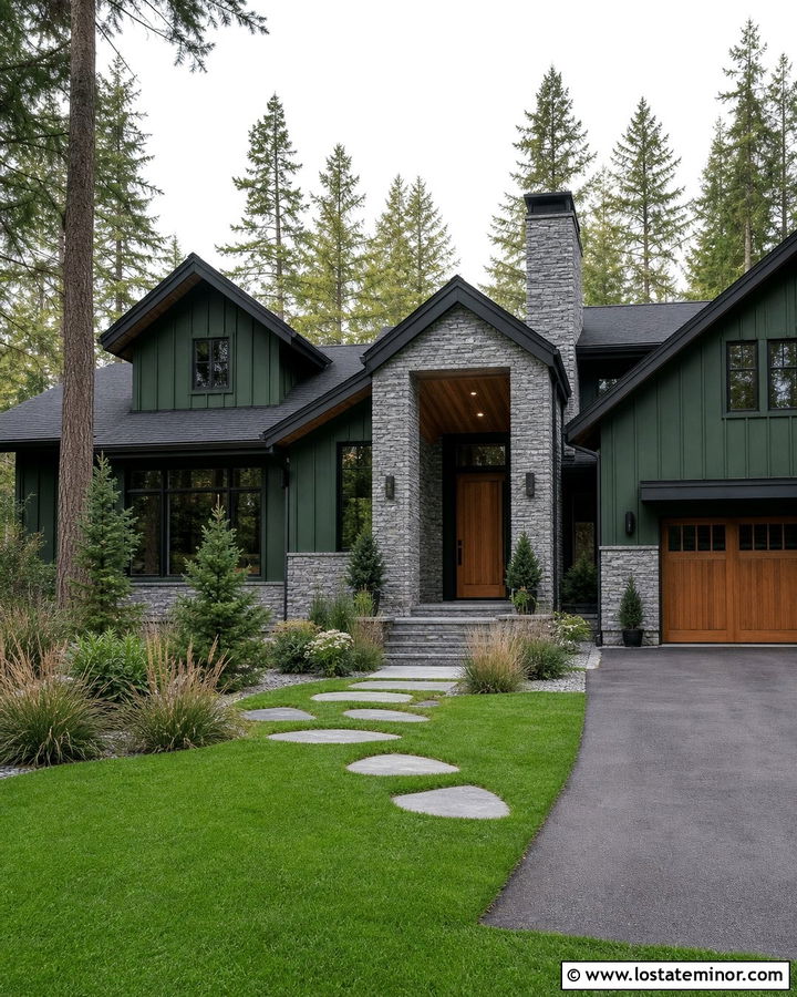 Deep Green Siding And Granite House - 30 Stone House Design With Siding Ideas