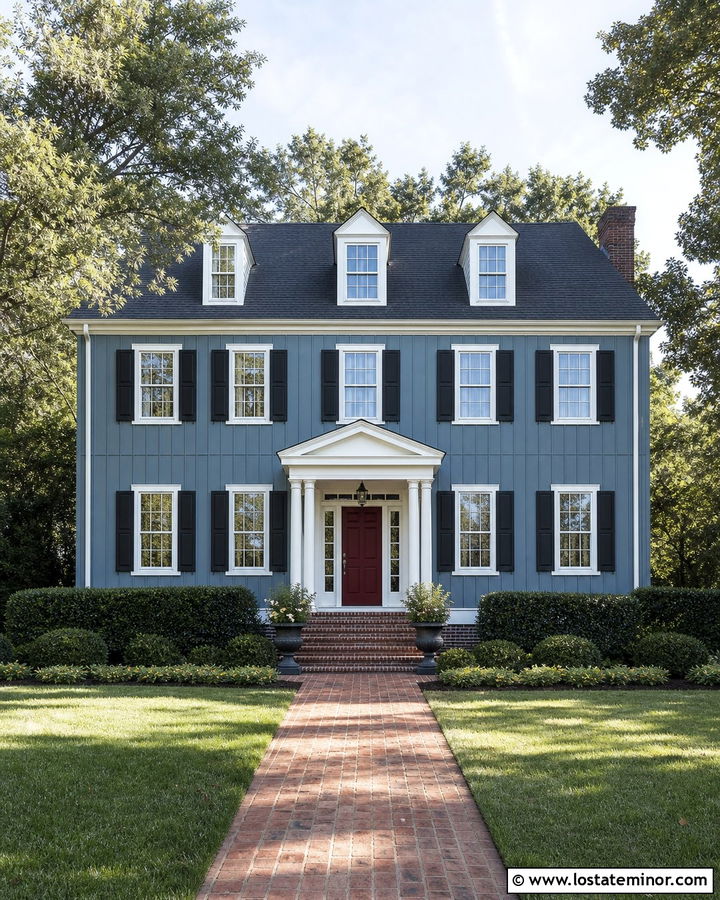 Denim Blue Board And Batten Colonial House - 30 Denim Blue House Design With Board and Batten Ideas
