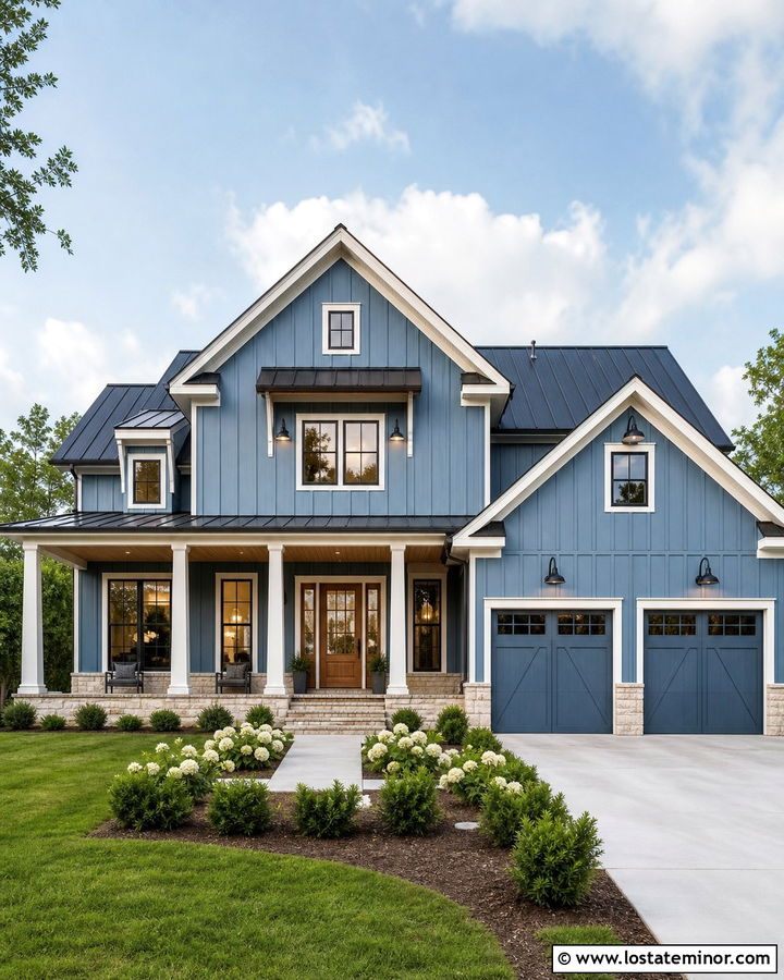 Denim Blue Board And Batten Farmhouse - 30 Denim Blue House Design With Accents Ideas