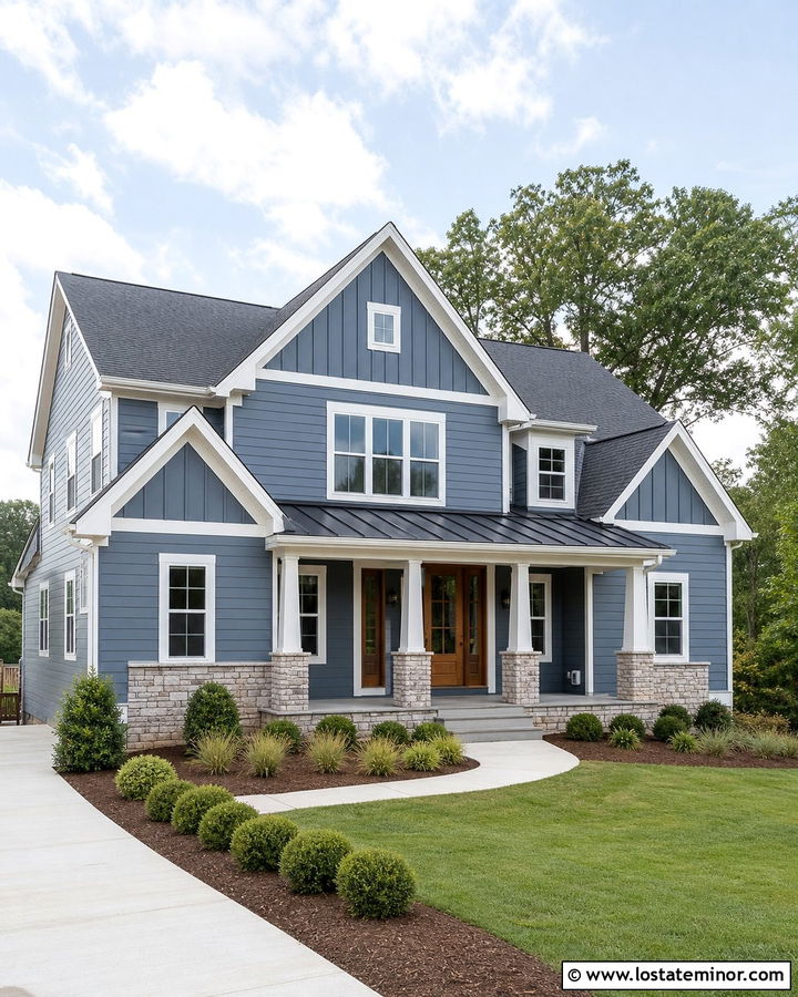 Denim Blue Board And Batten Gable House - 30 Denim Blue House Design With Gables Ideas