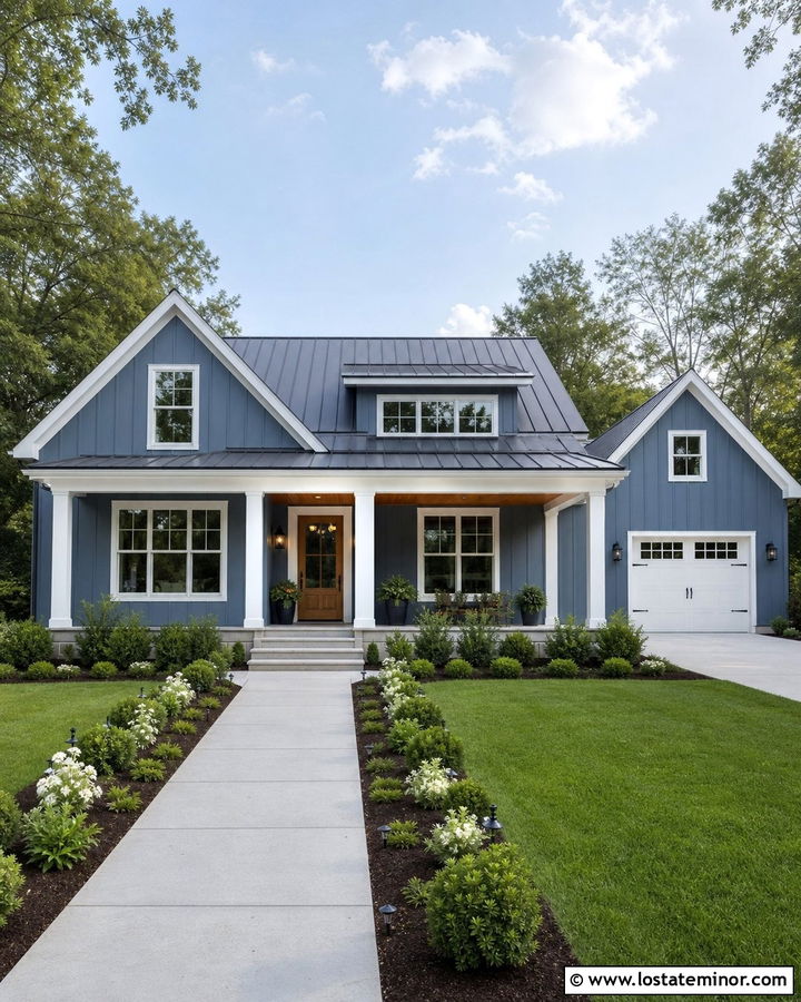 Denim Blue Board And Batten House With White Window Frames - 30 Denim Blue House Design With Window Frames Ideas