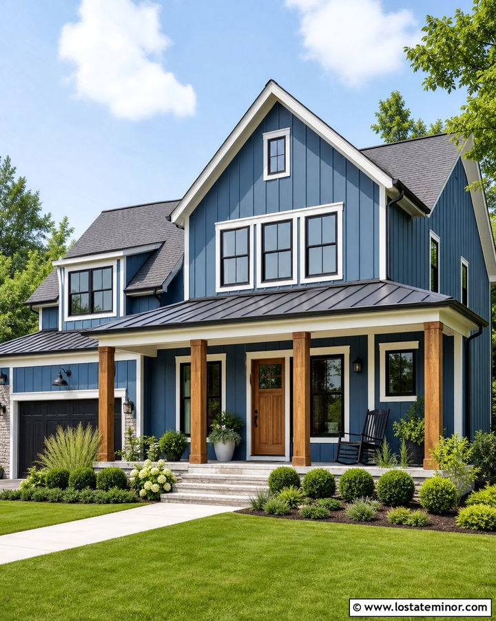 Denim Blue Board And Batten Siding With Wood Accents - 30 Denim Blue House Design With Siding Ideas