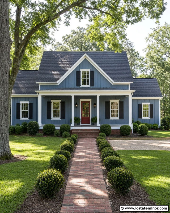 Denim Blue Board And Batten With A Red Door - 30 Denim Blue House Design With Board and Batten Ideas