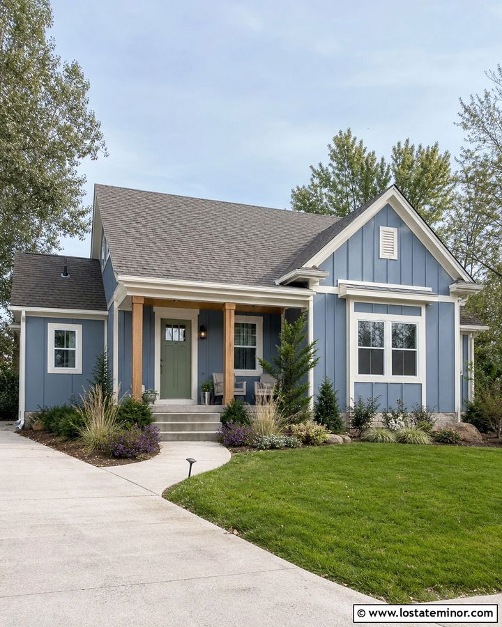 Denim Blue Board And Batten With A Sage Green Door - 30 Denim Blue House Design With Board and Batten Ideas