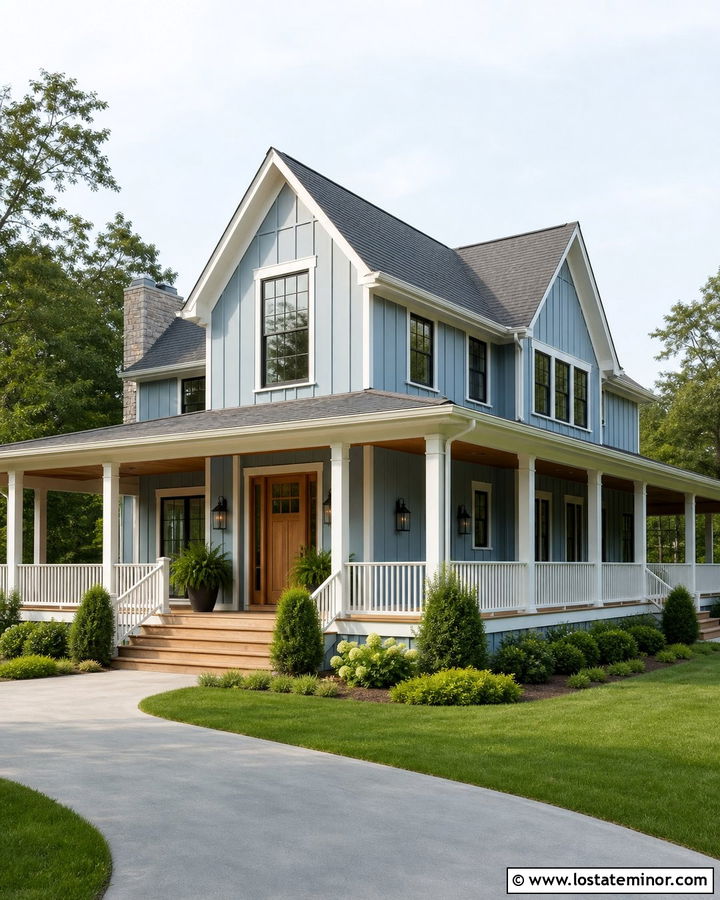 Denim Blue Board And Batten With A Wraparound Porch - 30 Denim Blue House Design With Board and Batten Ideas