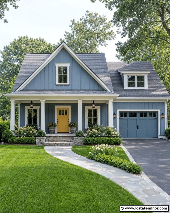 Denim Blue Board And Batten With A Yellow Door - 30 Denim Blue House Design With Board and Batten Ideas
