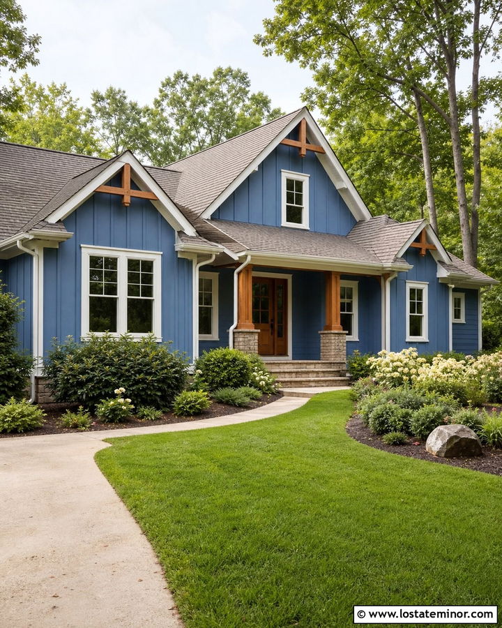 Denim Blue Board And Batten With Natural Wood - 30 Denim Blue House Design With Board and Batten Ideas
