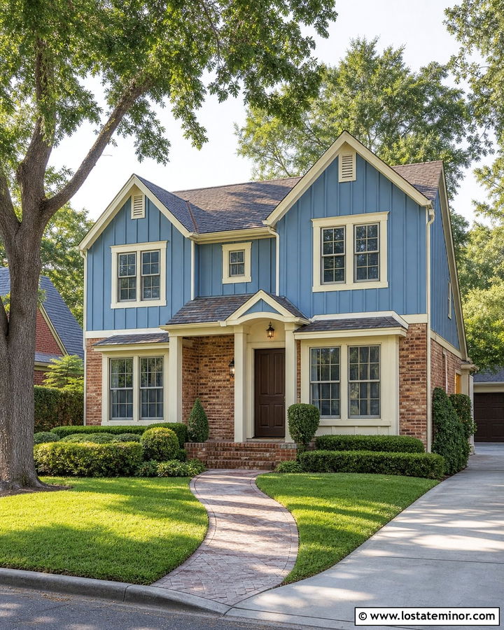 Denim Blue Board And Batten With Red Brick - 30 Denim Blue House Design With Board and Batten Ideas