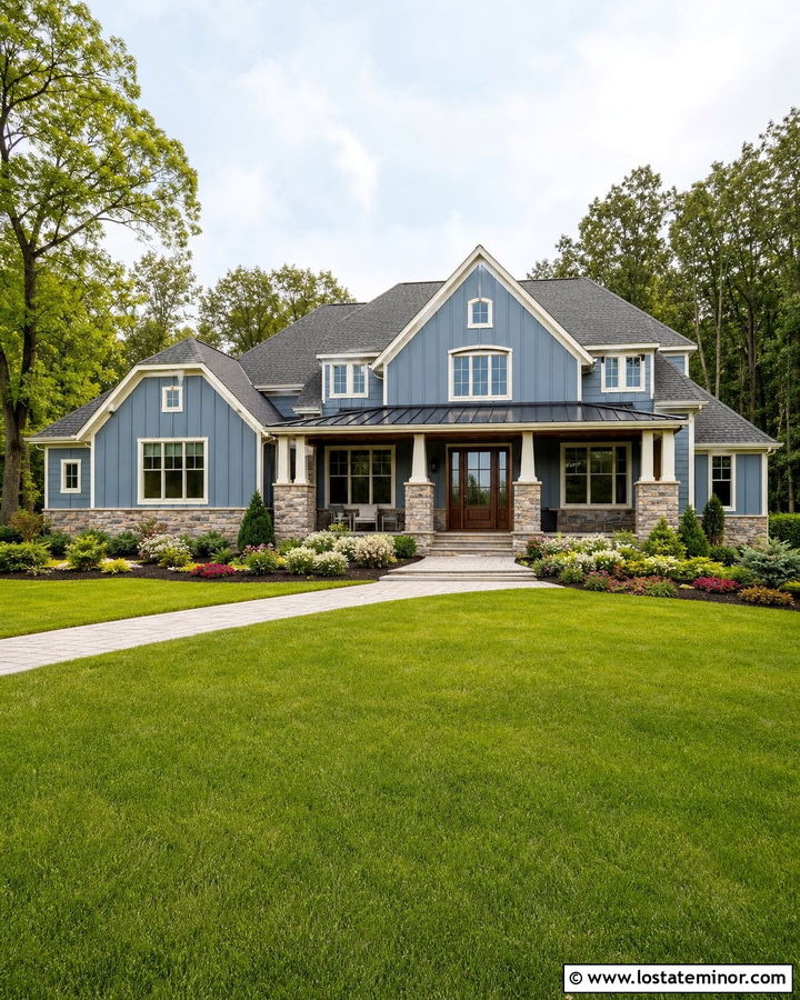 Denim Blue Board And Batten With Stone - 30 Denim Blue House Design With Board and Batten Ideas