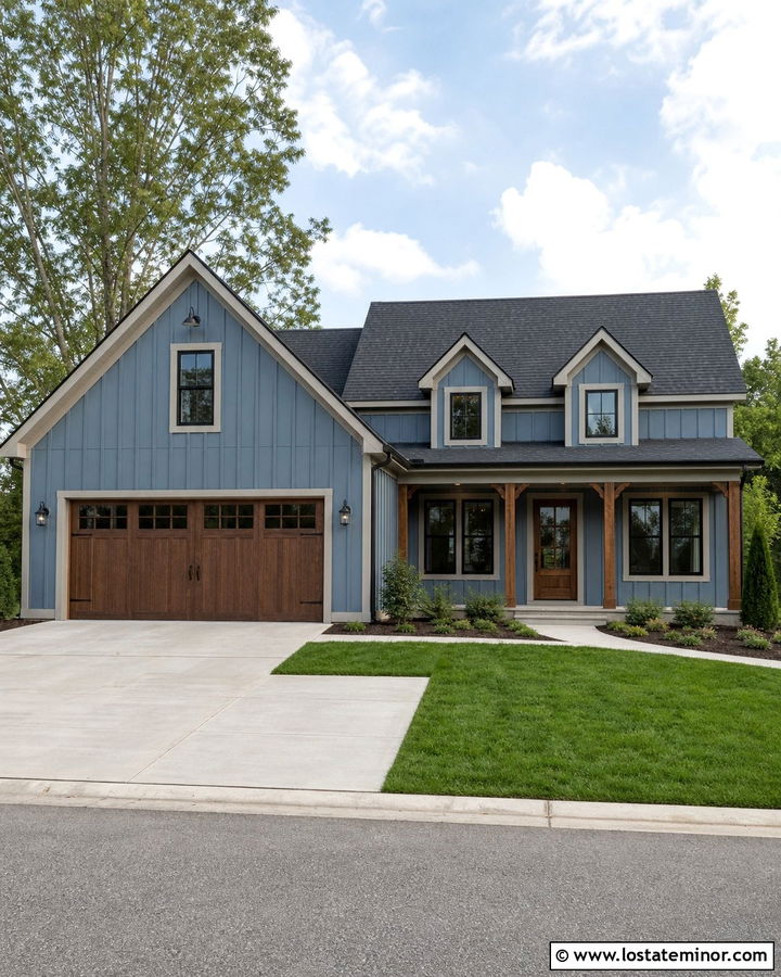 Denim Blue Board And Batten With Wood Garage Doors - 30 Denim Blue House Design With Board and Batten Ideas