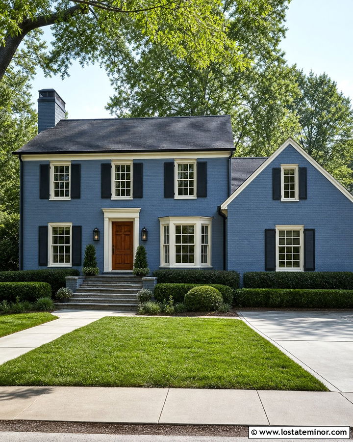 Denim Blue Brick House With Black Shutters - 30 Denim Blue House Design With Shutters Ideas