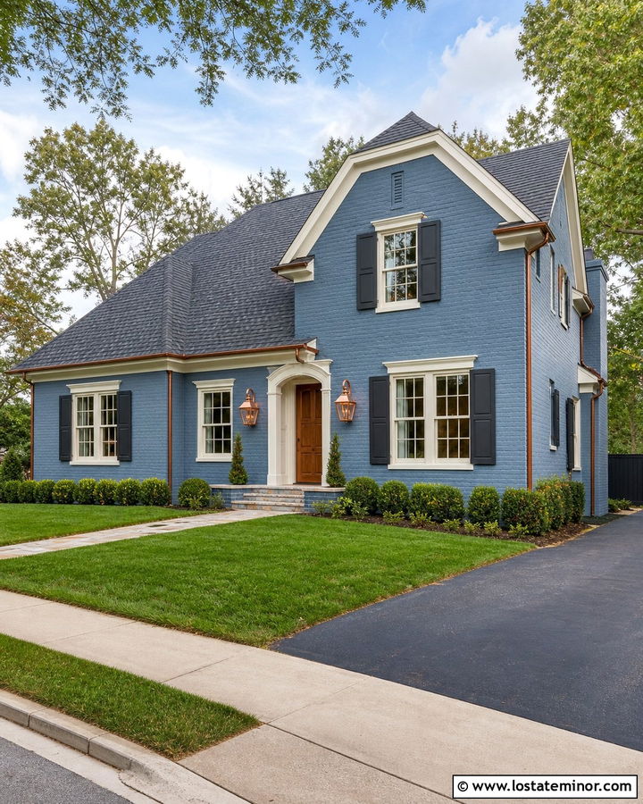Denim Blue Brick House With Copper Sconces - 30 Denim Blue House Design With Light Fixtures Ideas