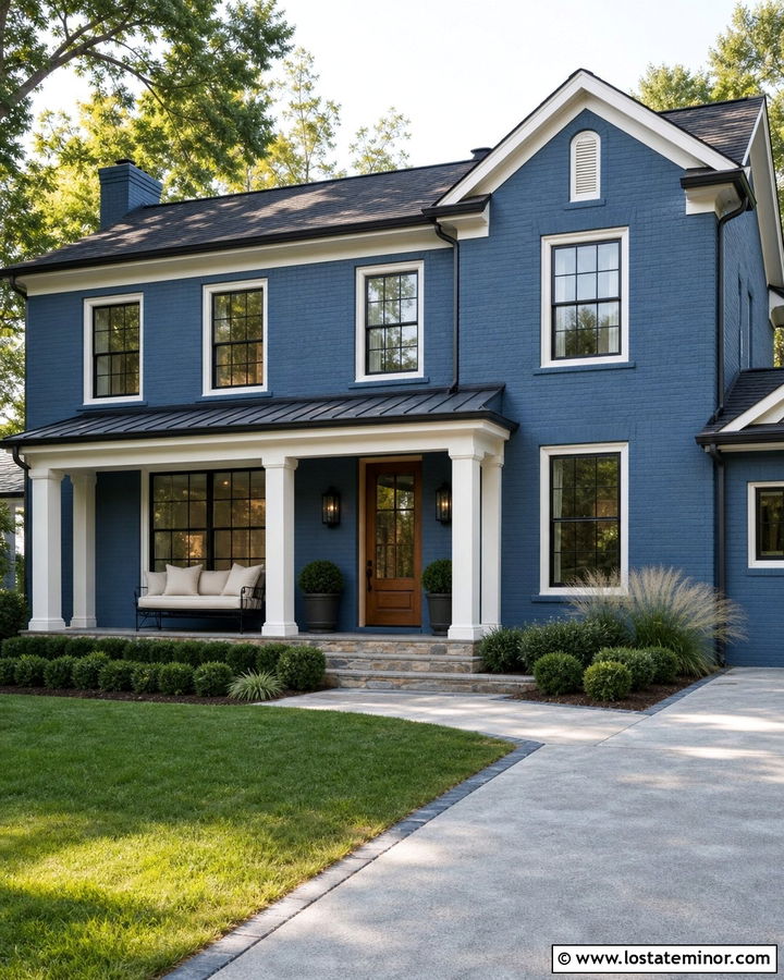 Denim Blue Brick House With Covered Daybed - 30 Denim Blue House Design With Daybed Ideas