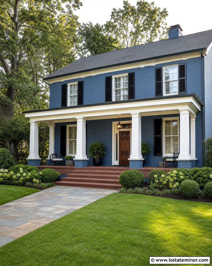 Denim Blue Brick House With Deep Front Porch - 30 Denim Blue House Design With Front Porch Ideas