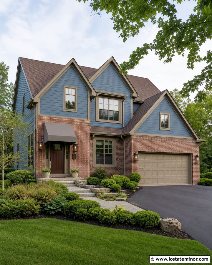 Denim Blue Brick House With Fabric Awning - 30 Denim Blue House Design With Awning Ideas