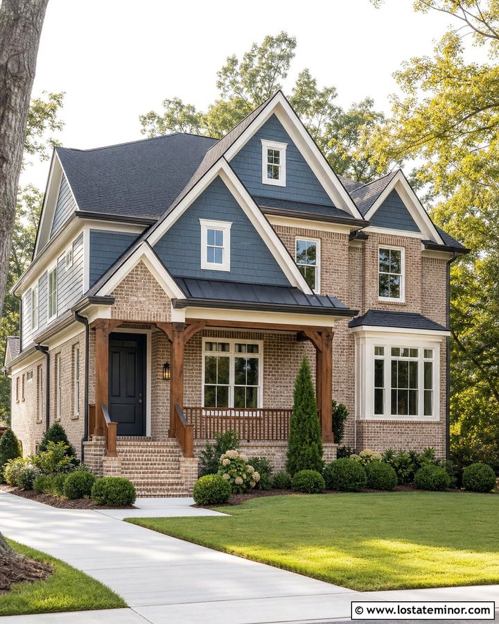 Denim Blue Brick House With Shingle Accents - 30 Denim Blue House Design With Shingles Ideas