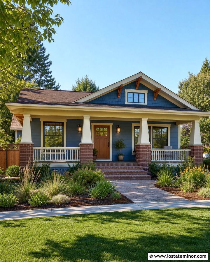 Denim Blue Bungalow With Brick Pier Columns - 30 Denim Blue House Design With Porch Columns Ideas