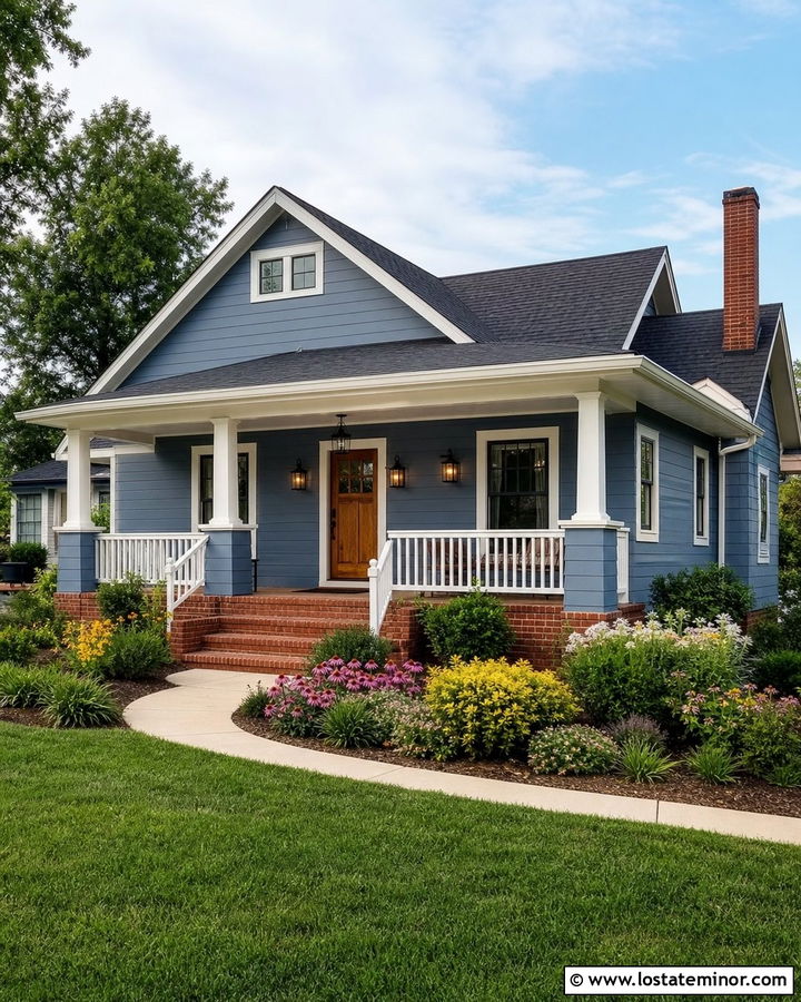 Denim Blue Bungalow With Brick Steps - 30 Denim Blue House Design With Brick Accents Ideas
