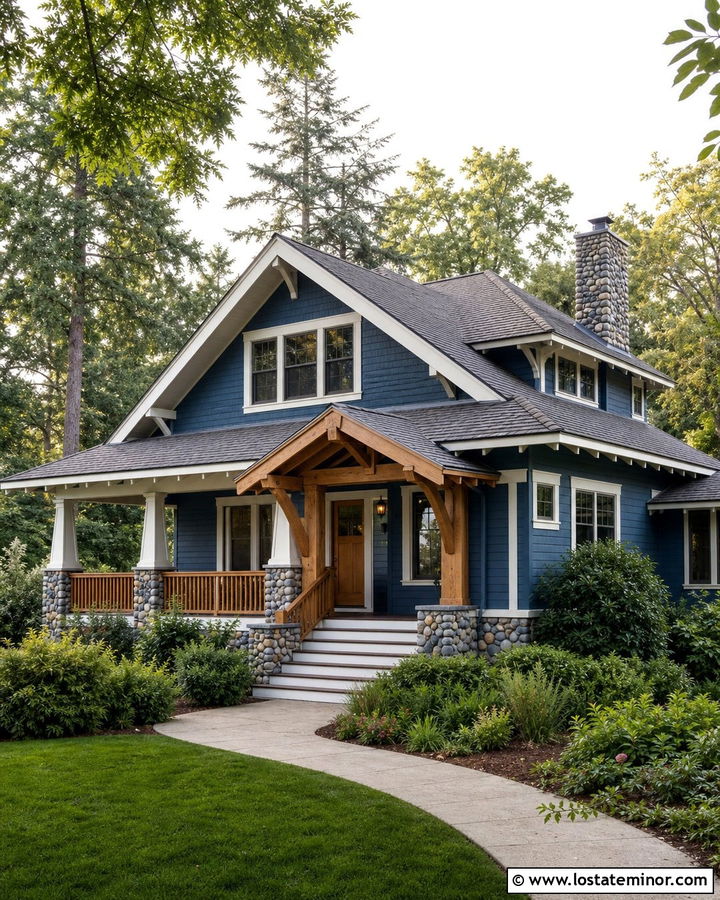 Denim Blue Bungalow With Cedar Awning - 30 Denim Blue House Design With Awning Ideas