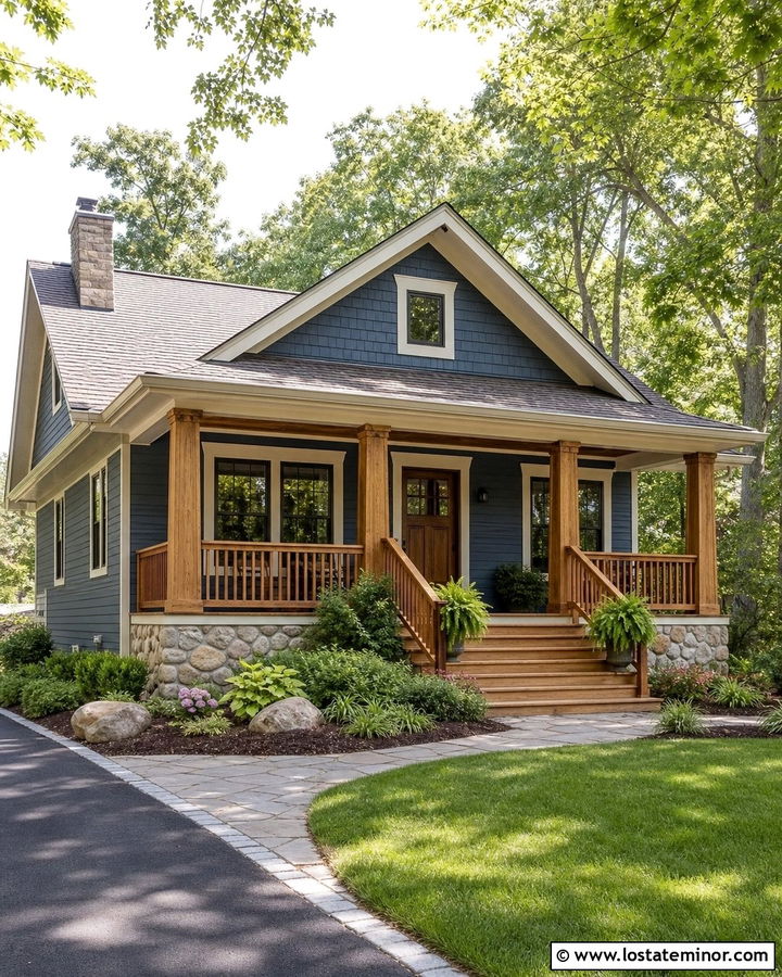 Denim Blue Bungalow With Cedar Porch Railings - 30 Denim Blue House Design With Front Porch Ideas