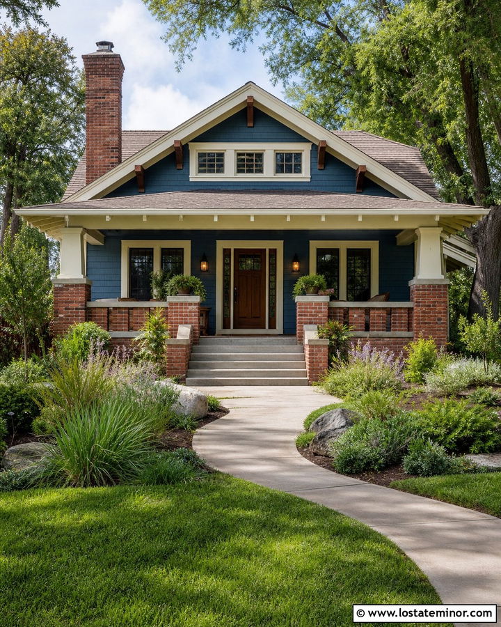 Denim Blue Bungalow With Clinker Brick Chimney - 30 Denim Blue House Design With Chimney Ideas