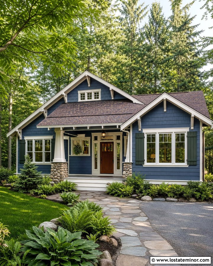 Denim Blue Bungalow With Forest Green Shutters - 30 Denim Blue House Design With Shutters Ideas