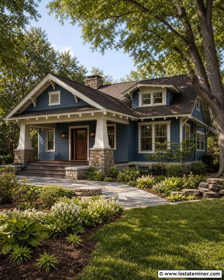 Denim Blue Bungalow With Mission Lighting - 30 Denim Blue House Design With Lighting Ideas