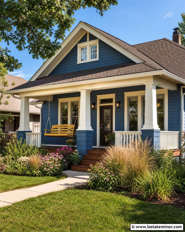 Denim Blue Bungalow With Mustard Swing - 30 Denim Blue House Design With Swing Ideas