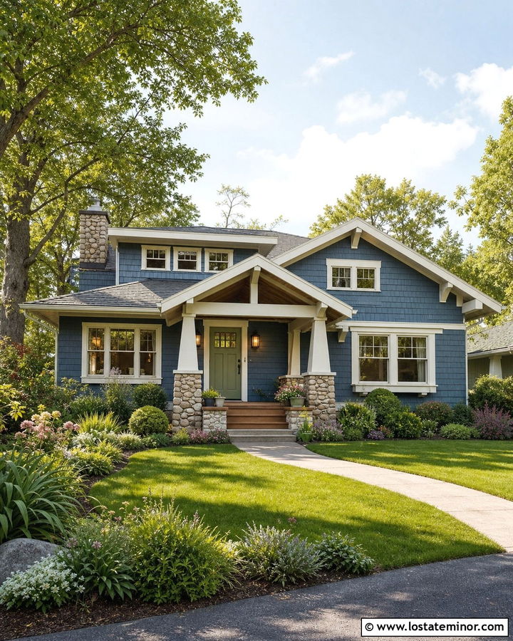 Denim Blue Bungalow With Olive Front Door - 30 Denim Blue House Design With Shingles Ideas