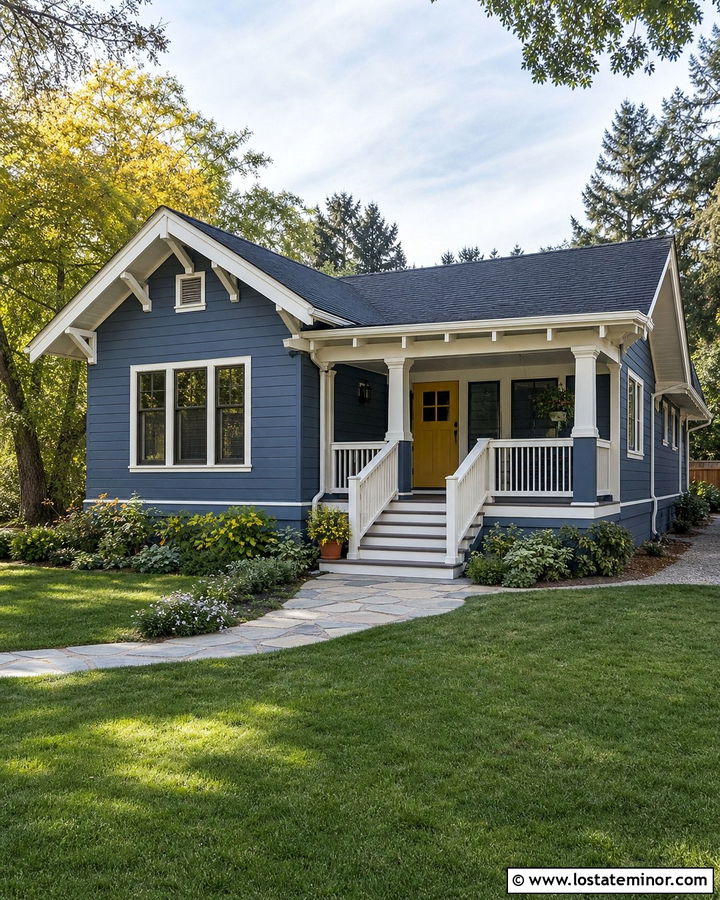 Denim Blue Bungalow With Painted Porch Steps - 30 Denim Blue House Design With Steps Ideas