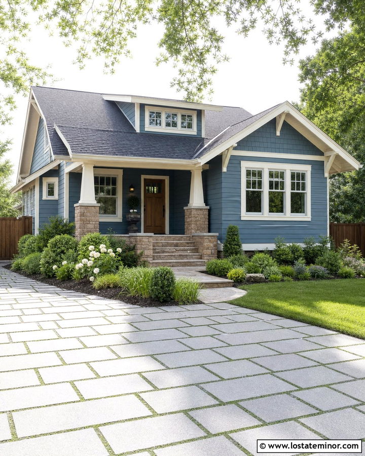 Denim Blue Bungalow With Permeable Paver Driveway - 30 Denim Blue House Design With Driveway Ideas