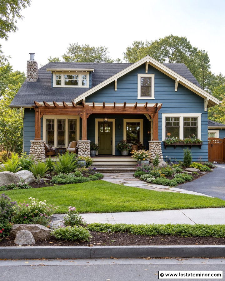 Denim Blue Bungalow With Porch Pergola - 30 Denim Blue House Design With Pergola Ideas