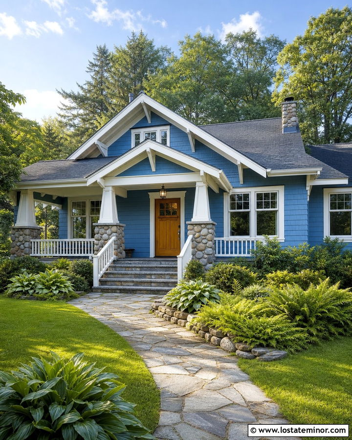 Denim Blue Bungalow With River Rock Accents - 30 Denim Blue House Design With Stone Accents Ideas