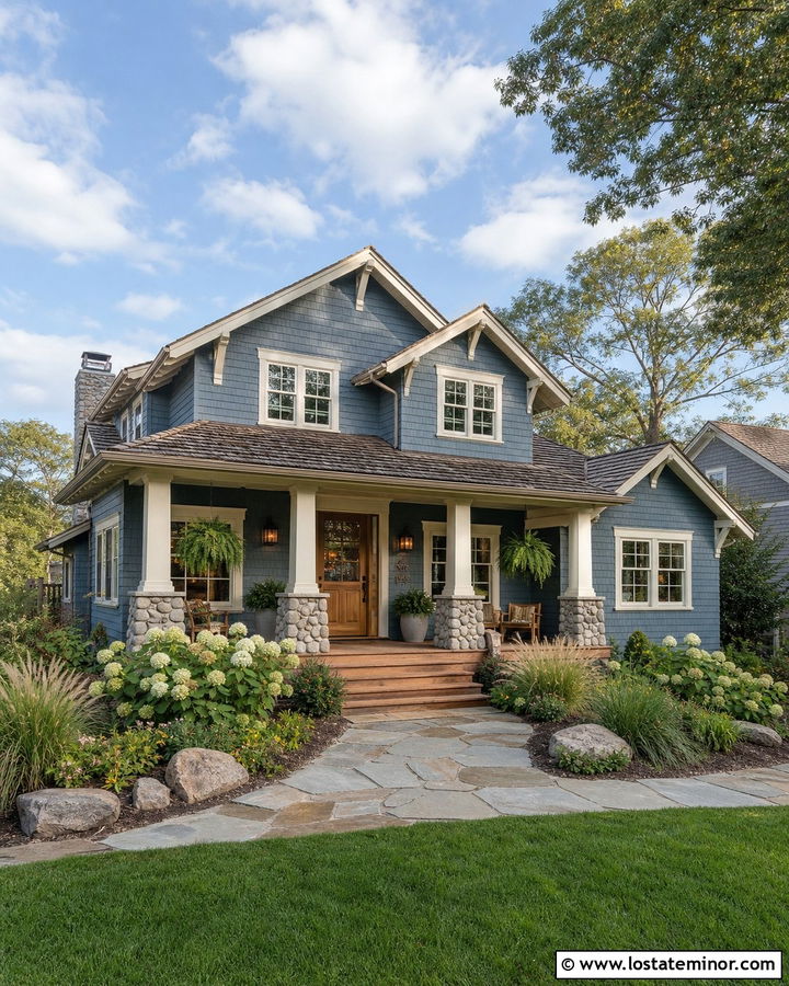 Denim Blue Bungalow With Sage Porch Ceiling - 30 Denim Blue House Design With Porch Ceiling Ideas