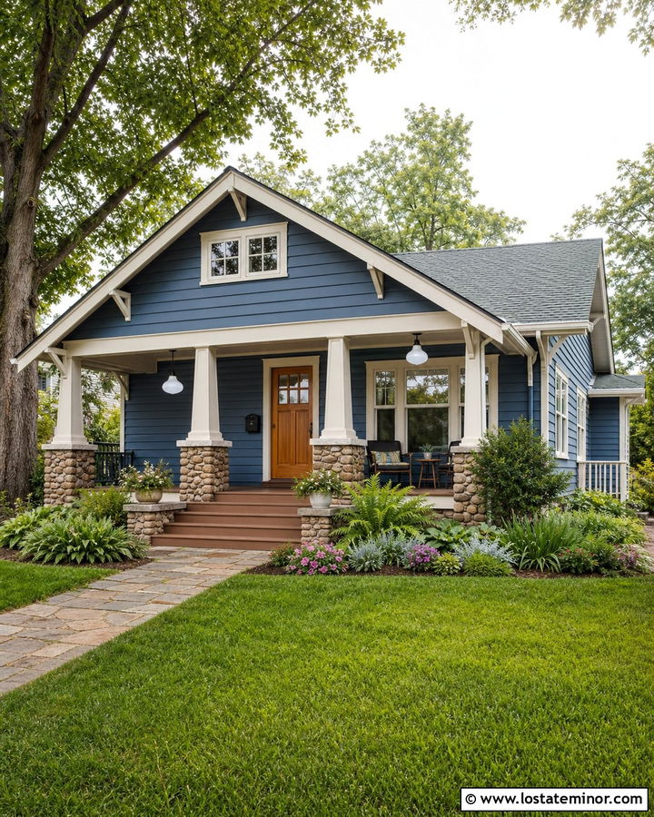 Denim Blue Bungalow With Schoolhouse Porch Lights - 30 Denim Blue House Design With Light Fixtures Ideas
