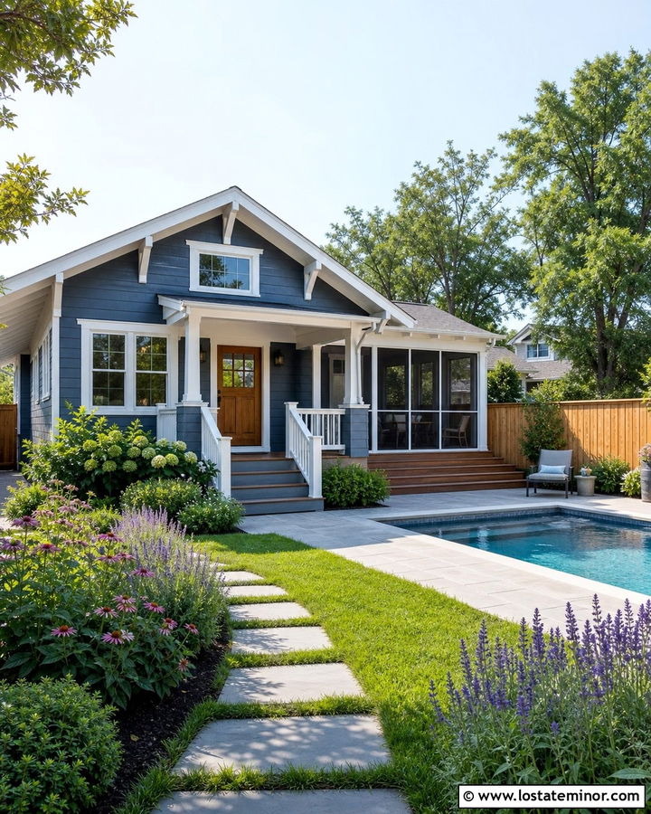 Denim Blue Bungalow With Screened Porch And Pool - 30 Denim Blue House Design With Swimming Pool Ideas
