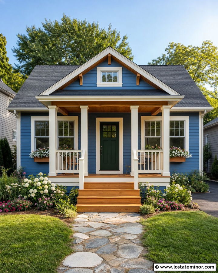 Denim Blue Bungalow With Small Front Deck - 30 Denim Blue House Design With Deck Ideas