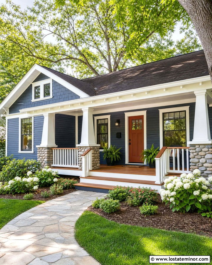 Denim Blue Bungalow With Tapered Wood Railings - 30 Denim Blue House Design With Railings Ideas