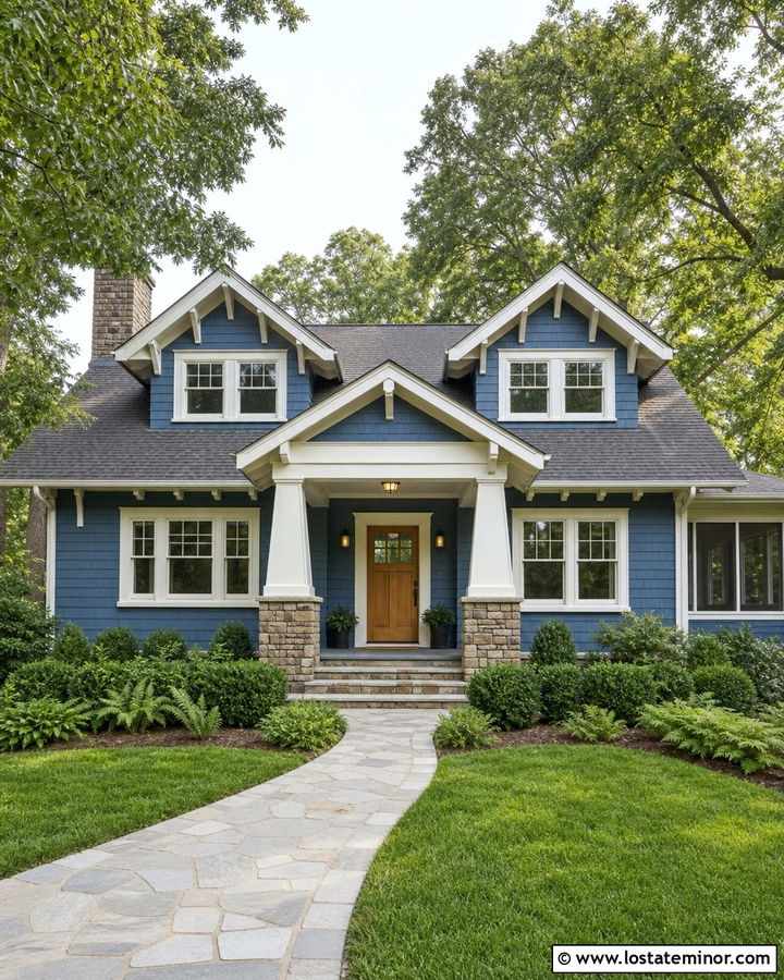Denim Blue Bungalow With Twin Dormers - 30 Denim Blue House Design With Dormers Ideas