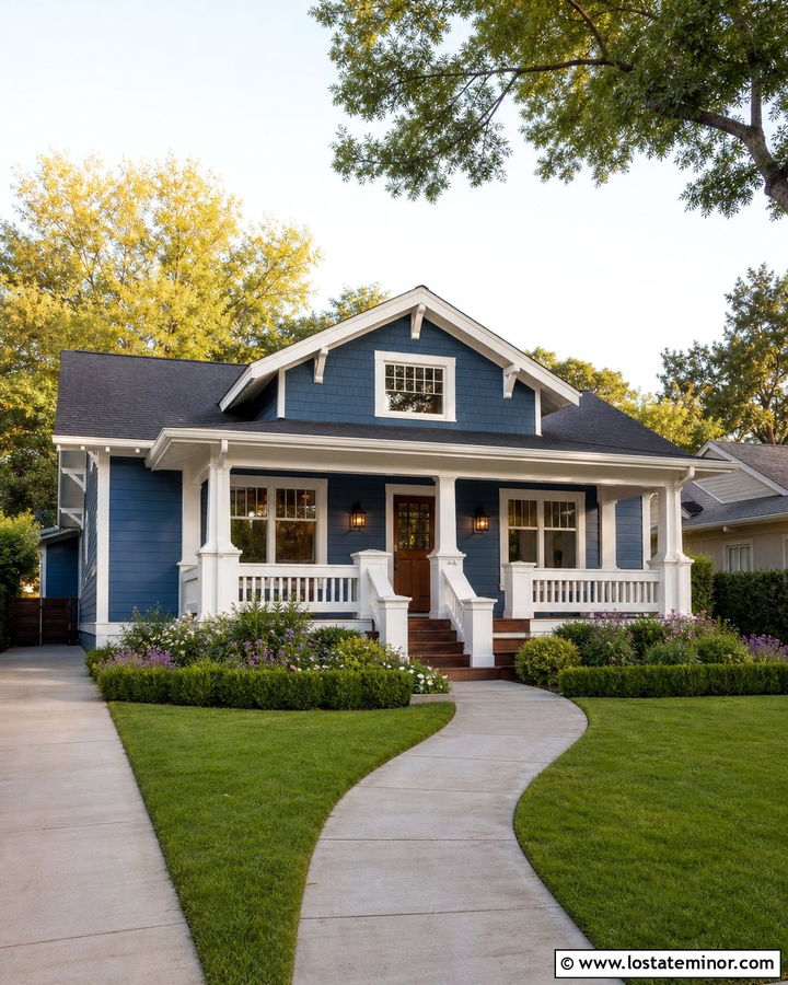 Denim Blue Bungalow With Warm White Porch - 30 Denim Blue House Design With Accents Ideas