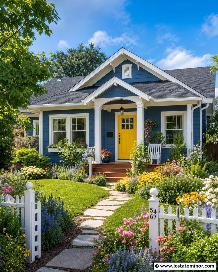 Denim Blue Bungalow With Yellow Door And Cottage Garden - 30 Denim Blue House Design With Landscaping Ideas