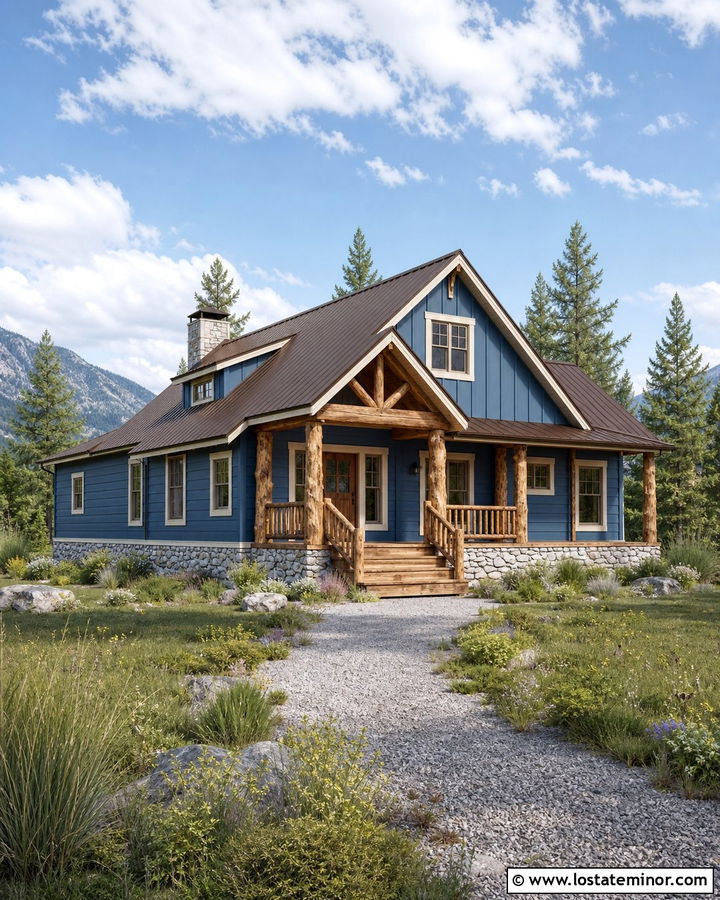 Denim Blue Cabin With Log Porch Columns - 30 Denim Blue House Design With Porch Columns Ideas