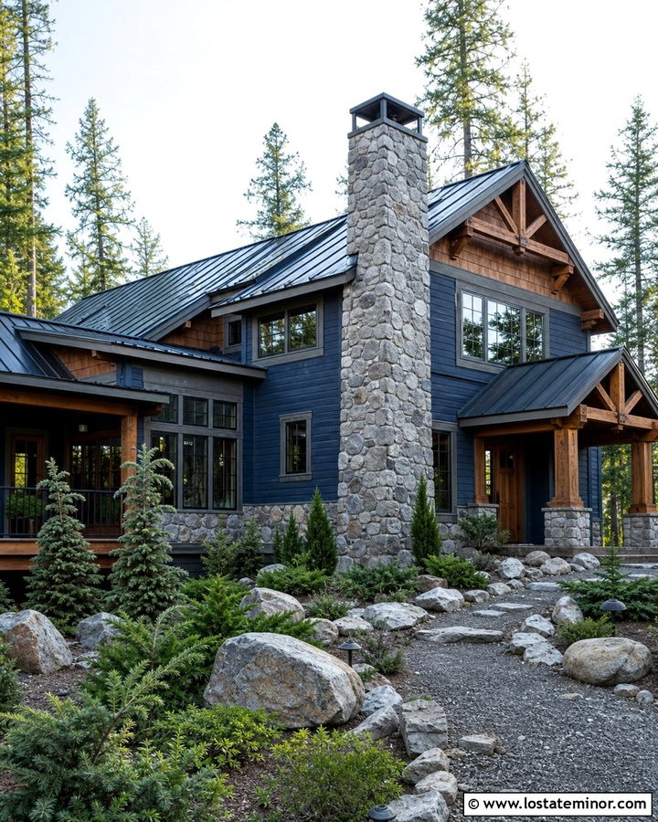 Denim Blue Cabin With Stone Chimney - 30 Denim Blue House Design With Chimney Ideas
