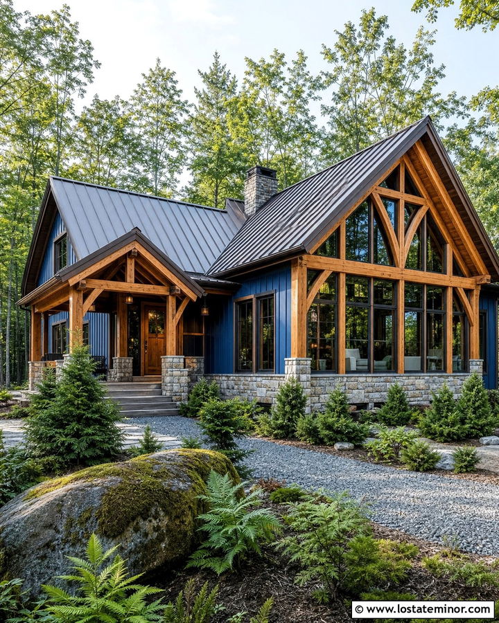 Denim Blue Cabin With Wood Sunroom - 30 Denim Blue House Design With Sunroom Ideas