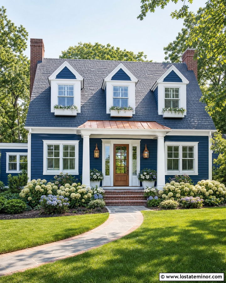 Denim Blue Cape Cod House With Copper Lanterns - 30 Denim Blue House Design With Lighting Ideas