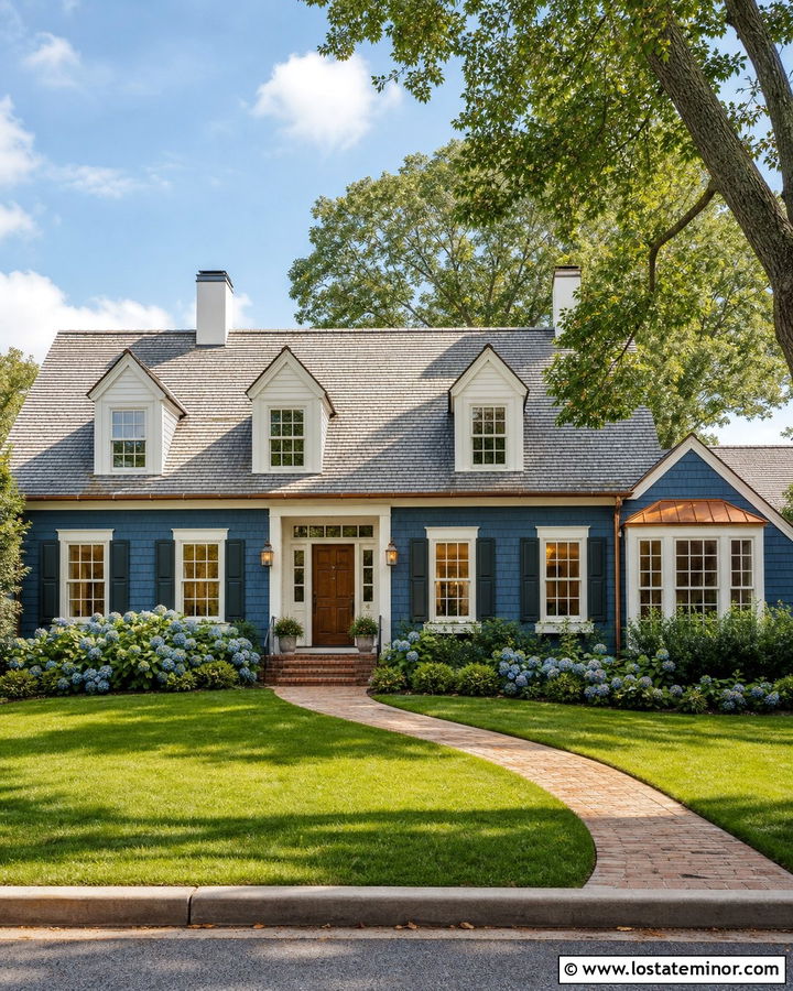 Denim Blue Cape Cod House With Copper Lanterns - 30 Denim Blue House Design With Light Fixtures Ideas
