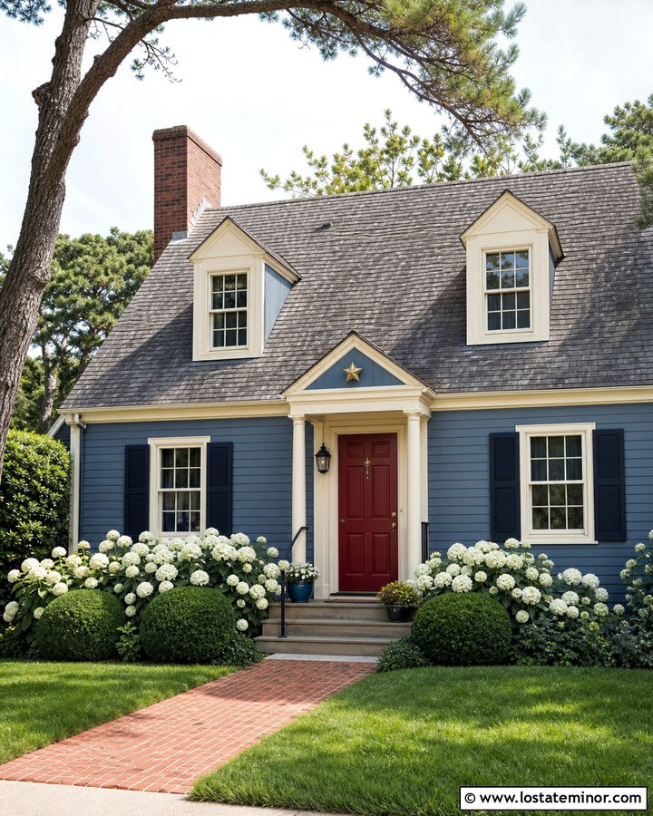 Denim Blue Cape Cod House With Cream Window Frames - 30 Denim Blue House Design With Window Frames Ideas
