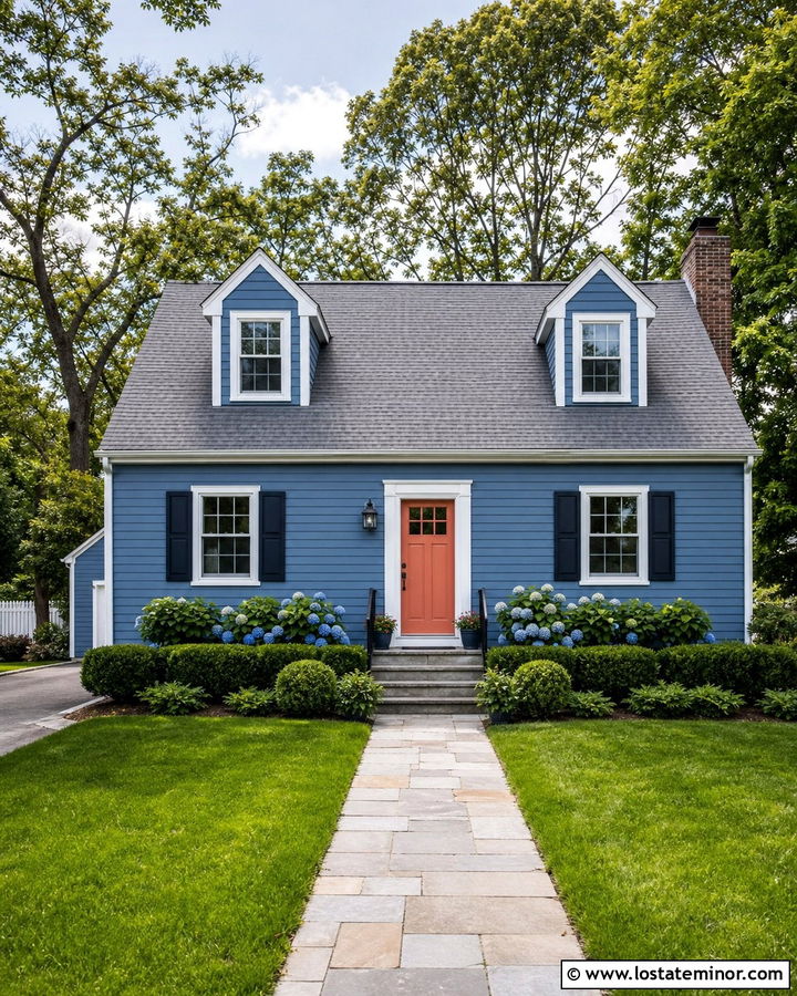 Denim Blue Cape Cod House With Gray Shingle Roof - 30 Denim Blue House Design With Shingles Ideas