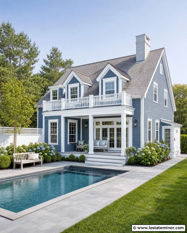 Denim Blue Cape Cod House With Plunge Pool - 30 Denim Blue House Design With Swimming Pool Ideas