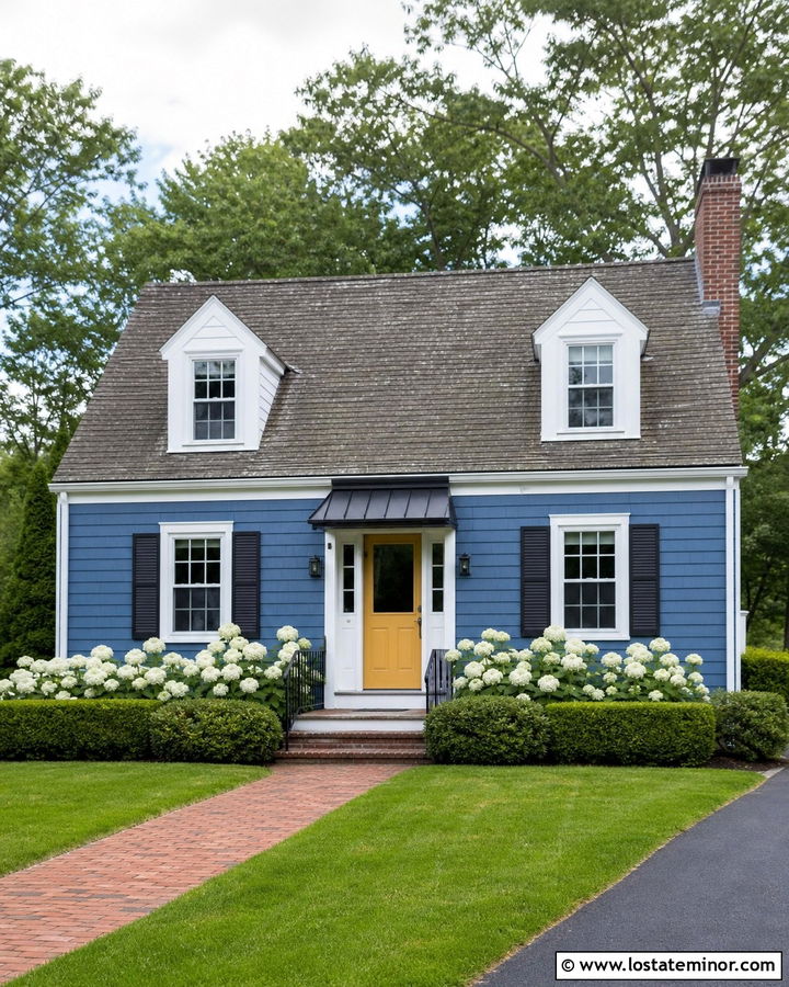 Denim Blue Cape Cod With Black Awning - 30 Denim Blue House Design With Awning Ideas